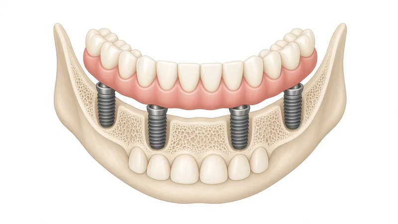 Illustration of a lower jaw with four implants supporting a full arch of replacement teeth