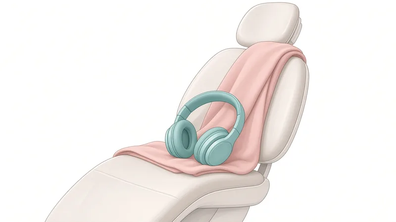 Clinical illustration of a dental chair with a soft blanket and over-ear headphones resting on it