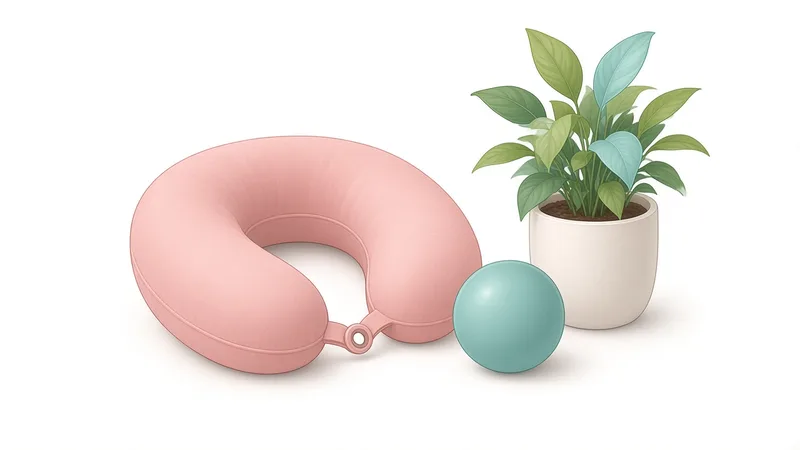 Illustration of a soft neck pillow, a stress ball and a small plant