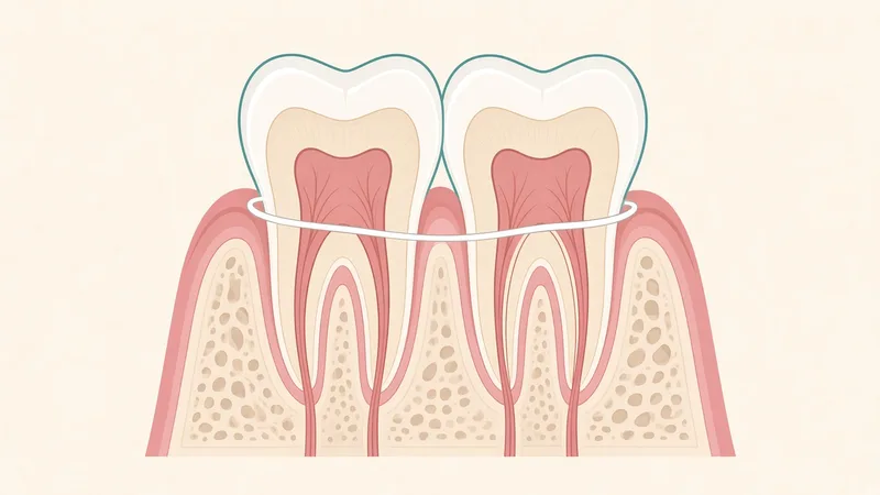 Illustration of dental floss curved around two teeth below the gumline