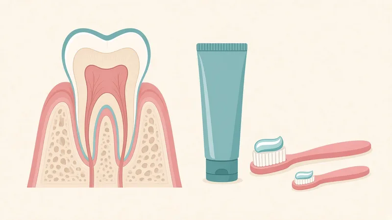 Illustration of a toothpaste tube with a pea-sized dab on a child toothbrush and a smaller smear on a baby toothbrush, beside a tooth with its enamel outlined
