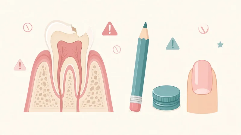 Illustration of a chipped tooth beside a pencil, a bottle cap and a fingernail