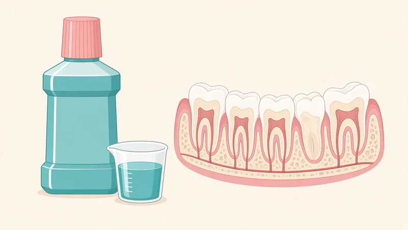 Illustration of a mouthwash bottle and measuring cup beside a row of teeth in cross-section