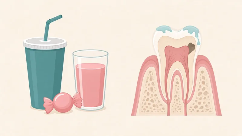 Illustration of a soda cup, juice glass and candy beside a tooth with softened enamel and a small cavity