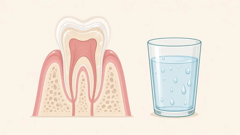 Illustration of a glass of water beside a tooth and gum cross-section