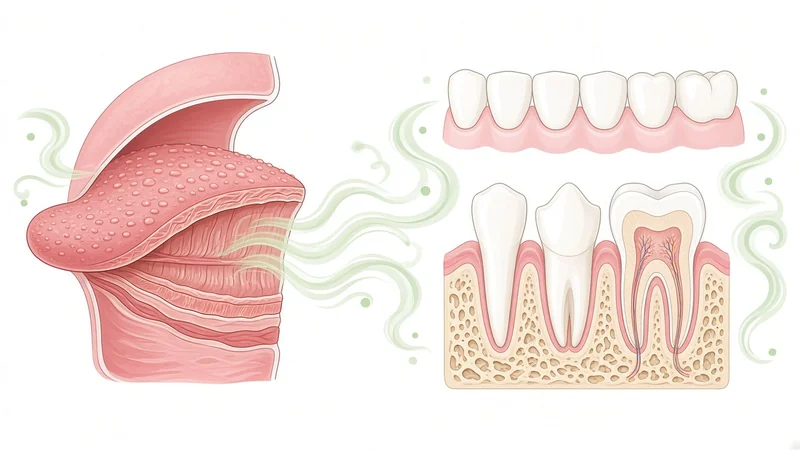 Illustration of a tongue and tooth cross-section with green swirls representing bad breath