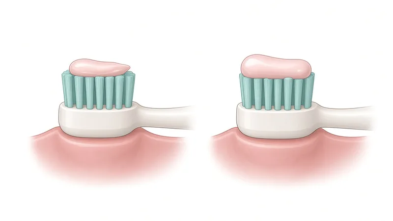 Clinical illustration of two child toothbrushes, one with a small smear of toothpaste and one with a larger pea-sized amount
