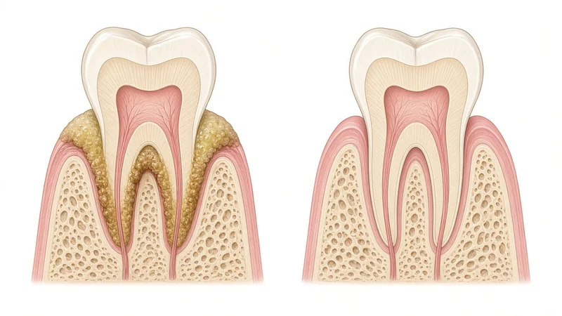 Cross-section illustration of a tooth with plaque and tartar at the gumline next to a clean tooth