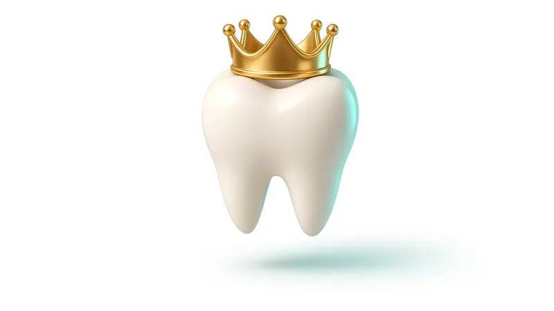 3D illustration of a white tooth wearing a gold crown
