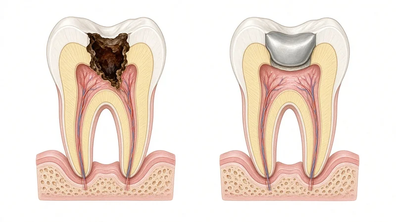 Cross-section illustration of a tooth with a cavity next to a restored tooth