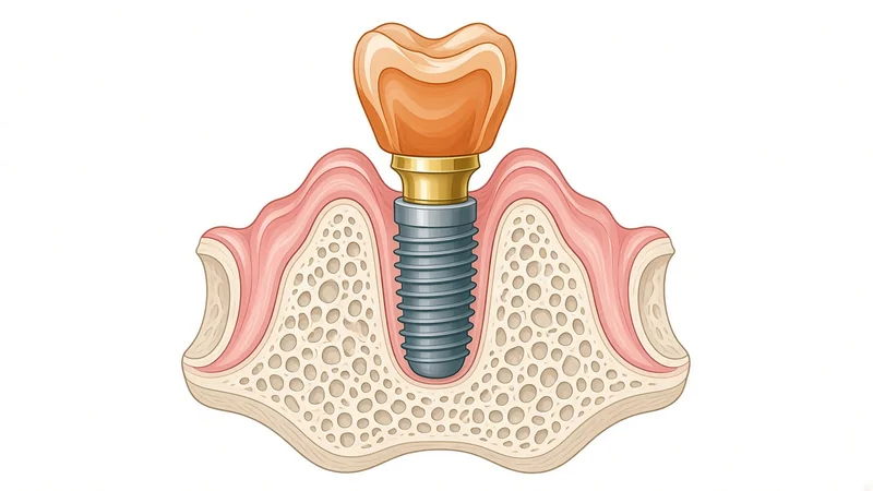 Cross-section illustration of a dental implant in the jawbone with abutment and crown