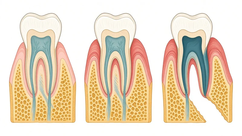 Three-stage illustration of teeth and gums showing how gum disease progresses and damages bone and root