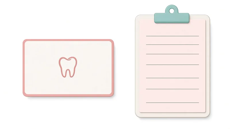 Illustration of a blank insurance card with a tooth emblem beside a clipboard with a blank form