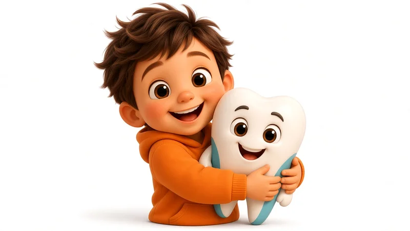 Smiling young cartoon child with brown hair and a light tan hugging a toy tooth