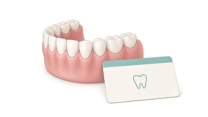 Clinical illustration of a lower dental arch model beside a blank membership card with a tooth emblem