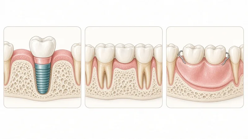 Clinical illustration of three ways to replace missing teeth: a dental implant, a bridge and a partial denture