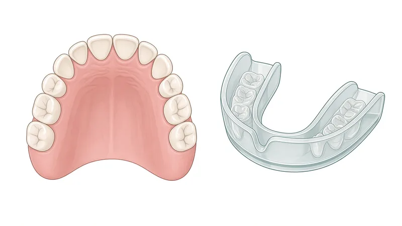 Clinical illustration of an upper-arch model beside a clear, thin night guard