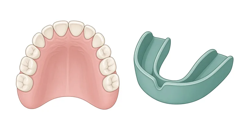Clinical illustration of an upper-arch model beside a custom-fit sports mouth guard