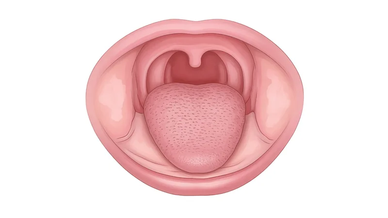 Illustration of an open mouth showing the tongue and throat areas checked in an oral cancer screening