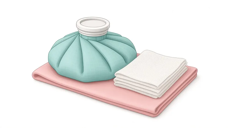 Clinical illustration of an ice pack and folded gauze pads