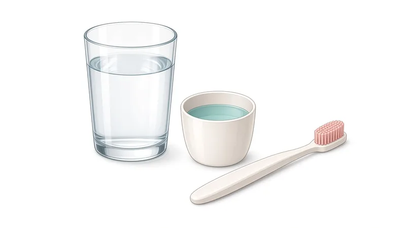 Clinical illustration of a glass of water, a small cup of rinse and a soft toothbrush