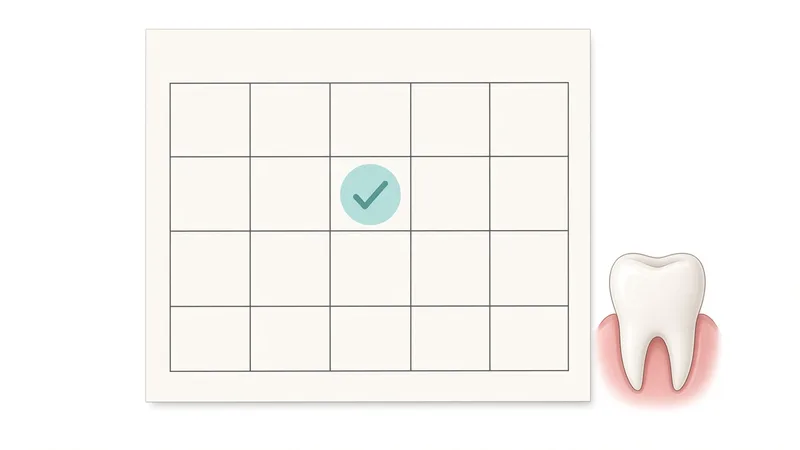 Illustration of a blank calendar with a check mark, beside a tooth