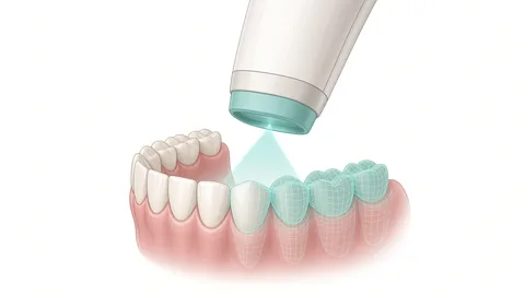 Clinical illustration of a handheld intraoral scanner capturing the lower teeth and turning them into a digital 3D model