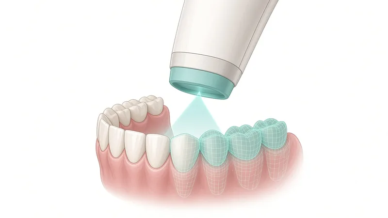 Clinical illustration of a handheld intraoral scanner capturing the lower teeth and turning them into a digital 3D model