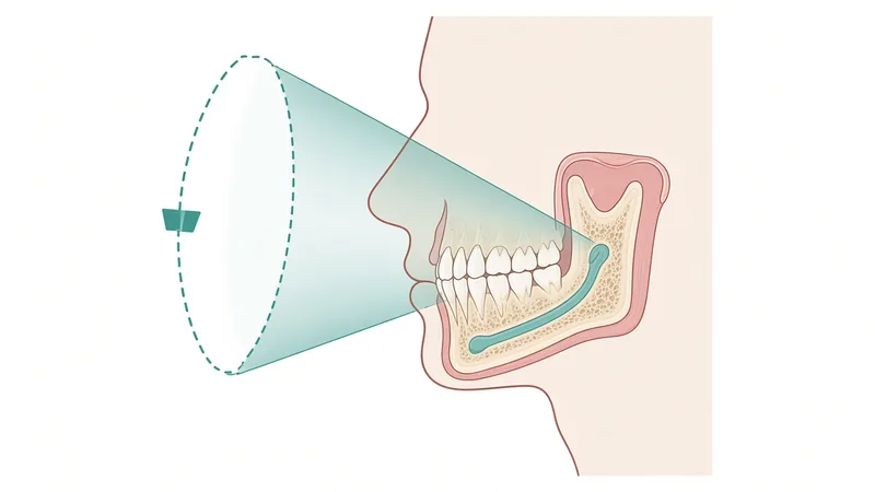 Clinical illustration of a cone-shaped CBCT x-ray beam aimed at the jaw, showing teeth, bone and the nerve path
