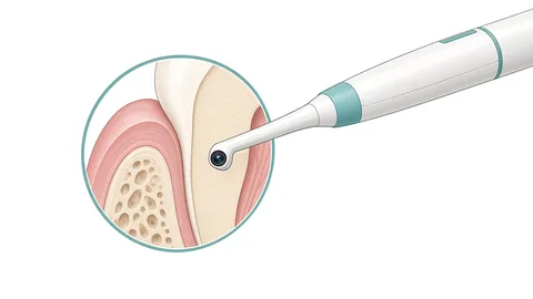 Clinical illustration of a handheld intraoral camera with a magnified circular view of a tooth, gum and bone