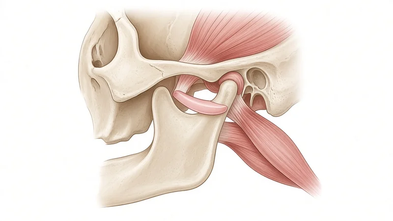 Side-view illustration of the jaw joint (TMJ) showing the jawbone, disc and chewing muscles
