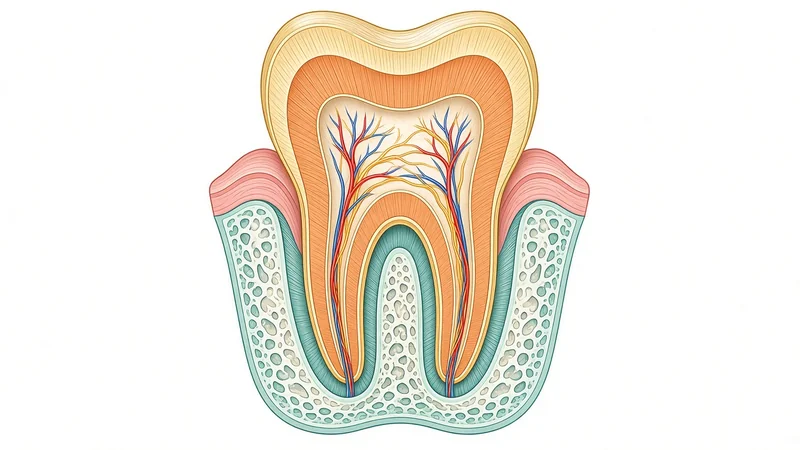 Cross-section illustration of a tooth showing enamel, dentin, pulp, root and surrounding bone and gum