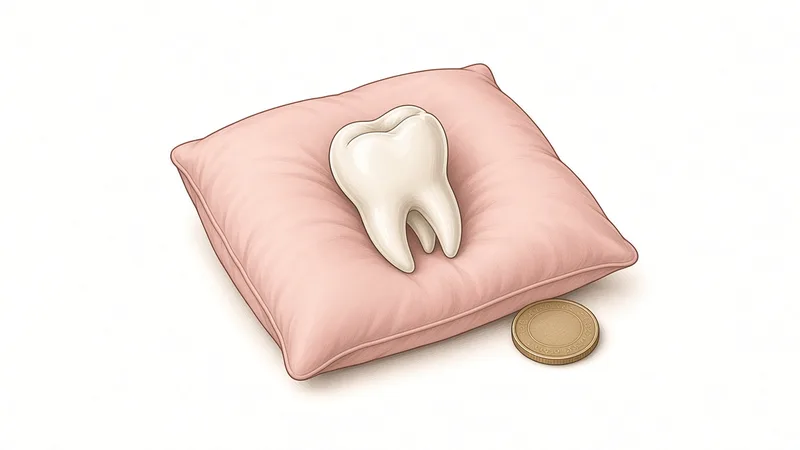 Vintage textbook-style illustration of a tooth on a soft pink pillow beside a gold coin