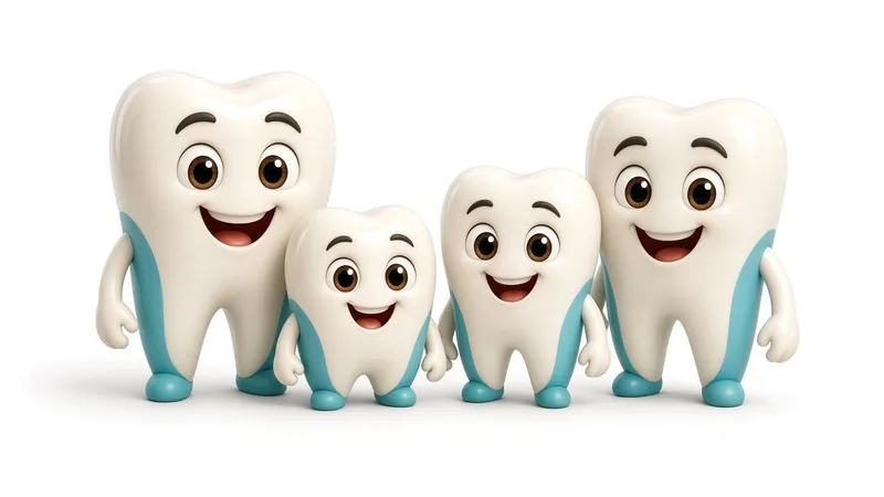 Cartoon 3D family of four smiling teeth, two parents and two kids