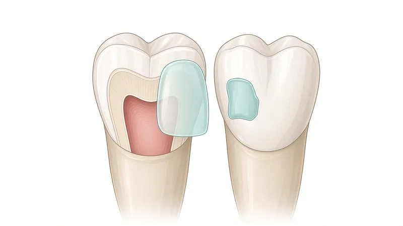 Clinical illustration of a porcelain veneer shell beside a tooth, and a second tooth with a bonded repair