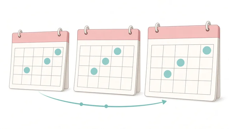 Illustration of three calendar pages in a row connected by a timeline arrow
