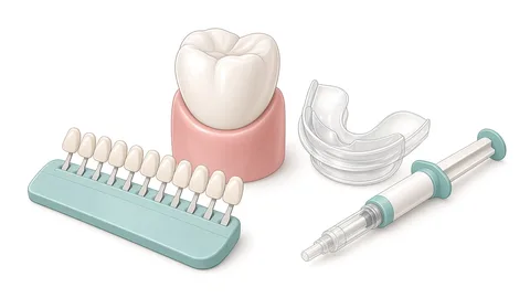 Clinical illustration of a tooth model beside a tooth shade guide, a clear whitening tray and a syringe of whitening gel