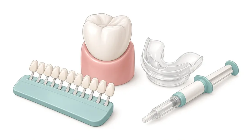Clinical illustration of a tooth model beside a tooth shade guide, a clear whitening tray and a syringe of whitening gel