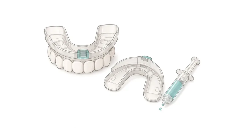 Clinical illustration of clear custom whitening trays beside a syringe of whitening gel