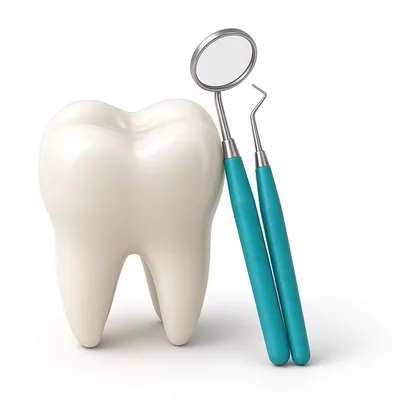 3D illustration of a tooth with dental mirror and probe for cleanings and checkups