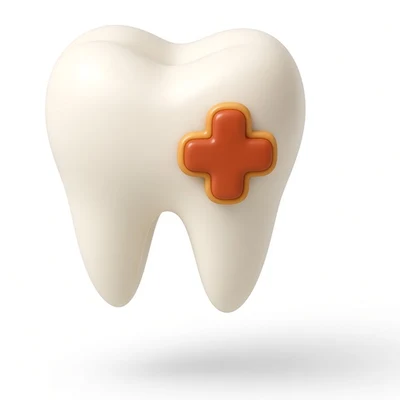 3D illustration of a tooth with an orange-red emergency cross