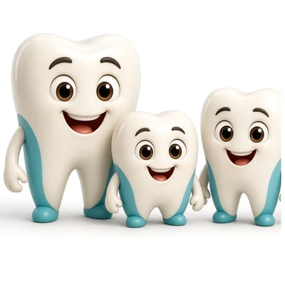 3D illustration of a family of friendly teeth